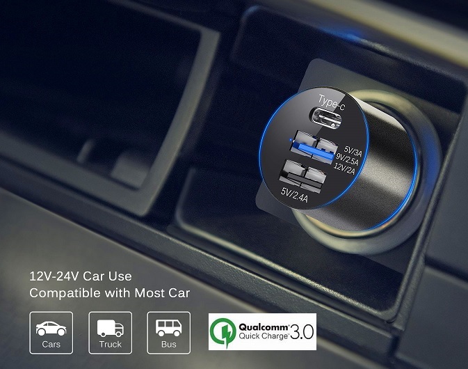 Fahrzeug Lader12V, 3in1, Typ C, QC3, USB, Fahrzeug Lader12V, 3in1, Typ C, QC3, USB,