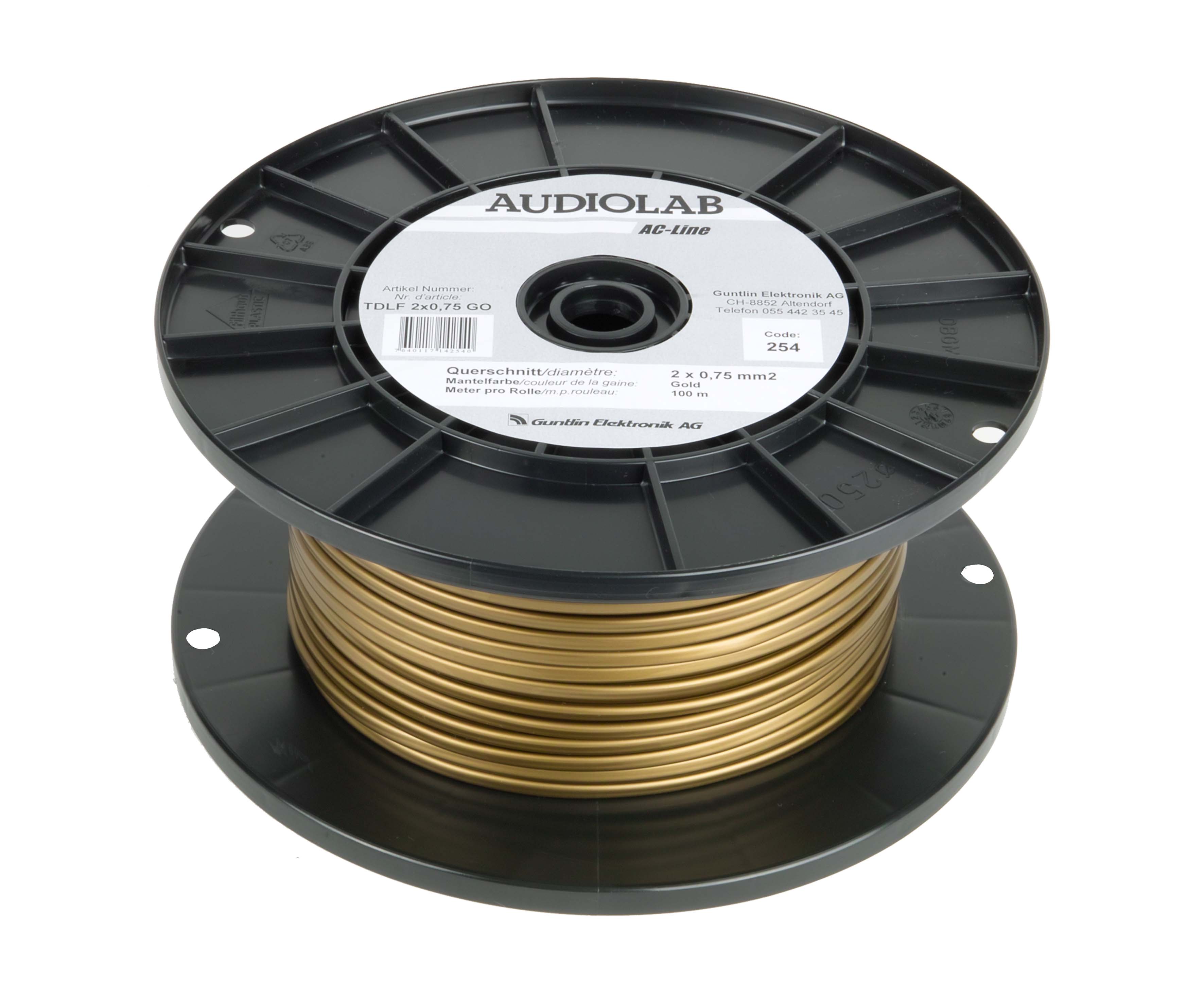 Netzkabel, flach, goldfarben, PVC, 100m Rolle Netzkabel, flach, goldfarben, PVC, 100m Rolle