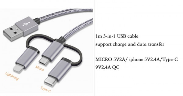 Lade- und Datentransferkabel 3in1, grau, 100cm